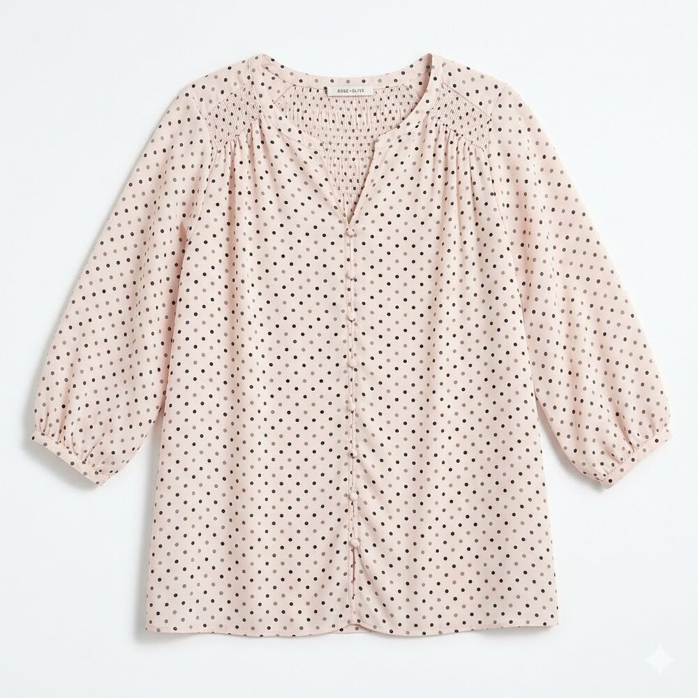 Rose & Olive Plus Size 1X Pink Polka Dot Blouse Smocked Button Front 3/4 Sleeve